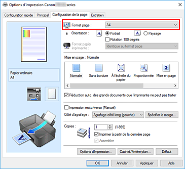 figure : Format page dans l'onglet Configuration de la page