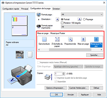 figure : Sélectionnez Mosaïque/Poster comme Mise en page dans l'onglet Configuration de la page.