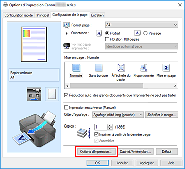 figure : Options d'impression... dans l'onglet Configuration de la page