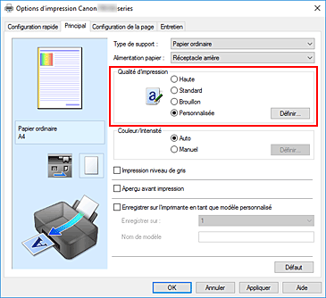figure : Dans l'onglet Principal, sélectionnez Personnalisée pour Qualité d'impression