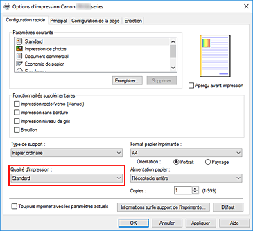 figure : Qualité d'impression dans l'onglet Configuration rapide