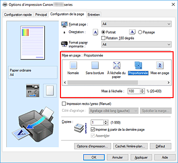 figure : Sélectionnez Proportionnée comme Mise en page dans l'onglet Configuration de la page.