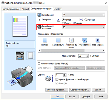 figure : Format papier imprimante dans l'onglet Configuration de la page