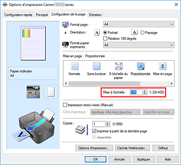 figure : Mise à l'échelle dans l'onglet Configuration de la page