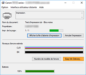 figure : Écran d'état d'imprimante Canon IJ