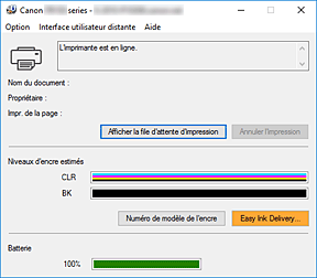 figure : Écran d'état d'imprimante Canon IJ
