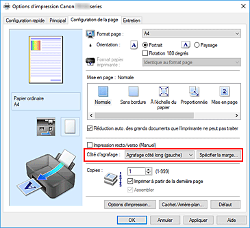 figure : Côté d'agrafage dans l'onglet Configuration de la page