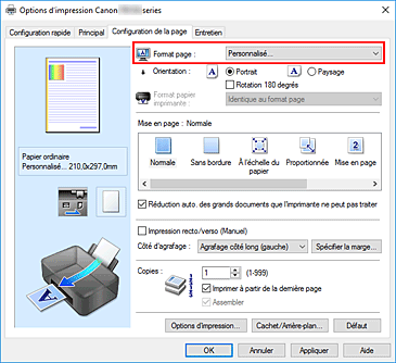 figure : Sélectionnez Personnalisé pour Format page dans l'onglet Configuration de la page.