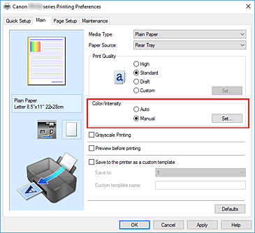 slika: odabir stavke Ručno za stavku Boja/intenzitet na kartici Glavno