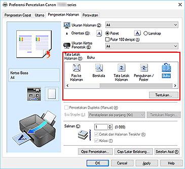 gambar: Pilih Buku untuk Tata Letak Halaman pada tab Pengesetan Halaman