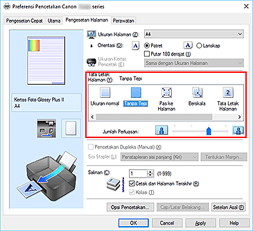 gambar: Pilih Tanpa Tepi untuk Tata Letak Halaman pada tab Pengesetan Halaman