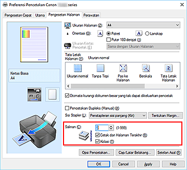 gambar: Salinan pada tab Pengesetan Halaman