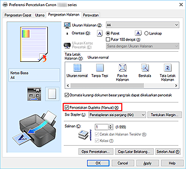 gambar: Kotak centang Pencetakan Dupleks (Manual) pada tab Pengesetan Halaman