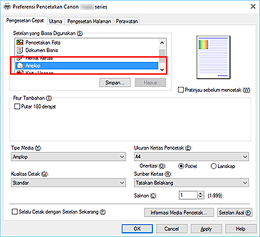 gambar: Pilih Amplop dari Setelan yang Biasa Digunakan dalam tab Pengesetan Cepat