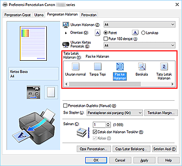 gambar: Pilih Pas ke Halaman untuk Tata Letak Halaman pada tab Pengesetan Halaman