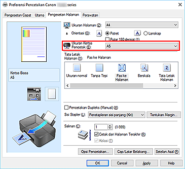 gambar: Ukuran Kertas Pencetak pada tab Pengesetan Halaman