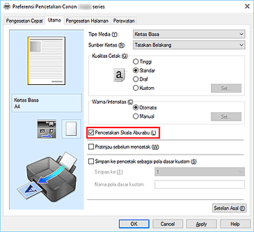 gambar: Kotak centang Pencetakan Skala Abu-abu pada tab Utama