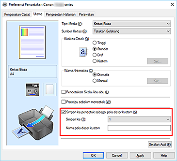 gambar: Tambahkan tanda centang pada Simpan ke pencetak sebagai pola dasar kustom dalam lembar Utama