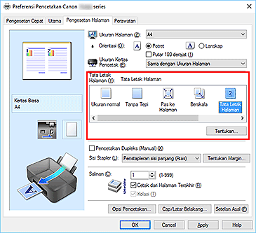 gambar: Pilih Tata Letak Halaman untuk Tata Letak Halaman pada tab Pengesetan Halaman