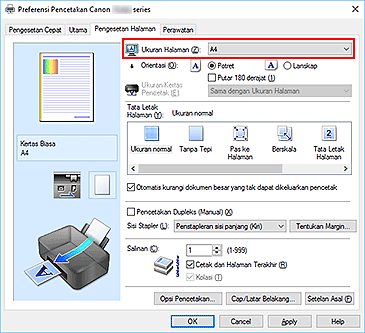 gambar: Ukuran Halaman pada tab Pengesetan Halaman