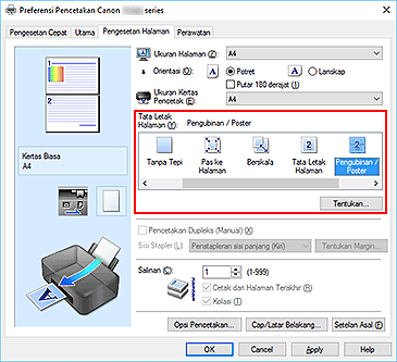 gambar: Pilih Pengubinan/Poster untuk Tata Letak Halaman pada tab Pengesetan Halaman