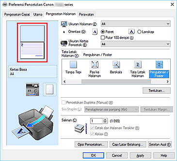 gambar: Pratinjau setelan ditampilkan pada tab Pengesetan Halaman