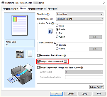 gambar: Kotak centang Pratinjau sebelum mencetak pada tab Utama