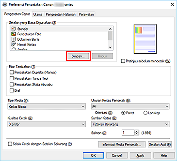 gambar: Simpan... pada tab Pengesetan Cepat