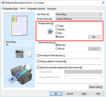 gambar: Pilih pada tab Utama, pilih Kustom untuk Kualitas Cetak