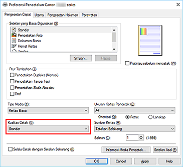 gambar: Kualitas Cetak pada tab Pengesetan Cepat