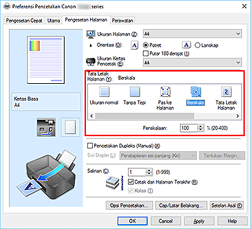 gambar: Pilih Berskala untuk Tata Letak Halaman pada tab Pengesetan Halaman