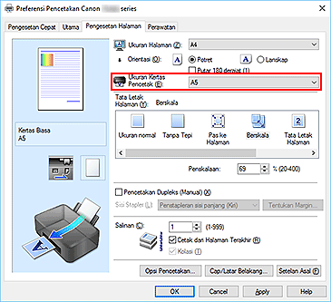 gambar: Ukuran Kertas Pencetak pada tab Pengesetan Halaman