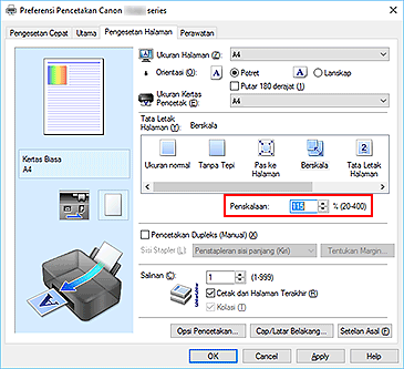 gambar: Penskalaan pada tab Pengesetan Halaman