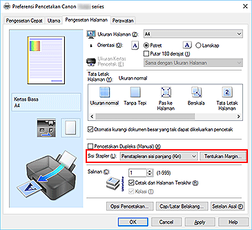 gambar: Sisi Stapler pada tab Pengesetan Halaman