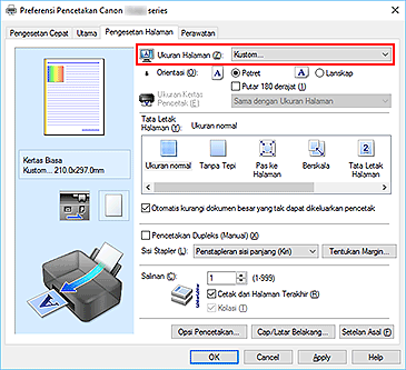 gambar: Pilih Kustom untuk Ukuran Halaman pada tab Pengesetan Halaman