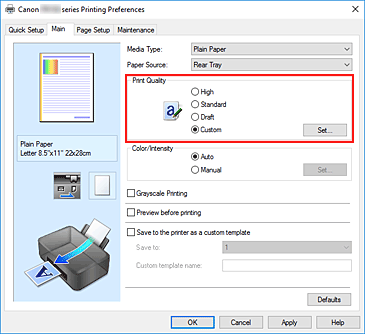 figur: Velg i kategorien Hoved, velg Egendefinert for Utskriftskvalitet