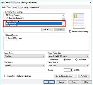 figura:Selectaţi Envelope de la Commonly Used Settings din fila Quick Setup