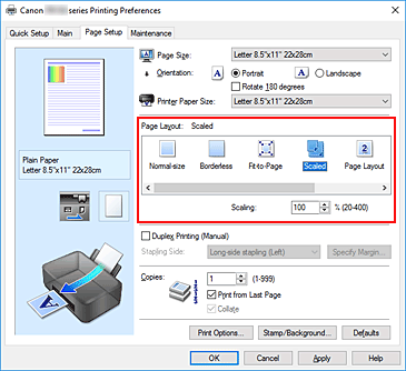 figura:Selectarea Scaled pentru Page Layout din fila Page Setup