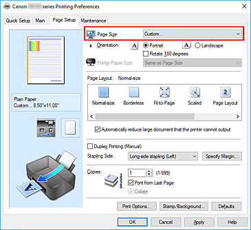 figura:Selectarea Custom pentru Page Size din fila Page Setup