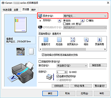 插图：在“页设置”选项卡上将“页尺寸”选择为“用户定义”