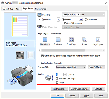 slika: možnost Copies na kartici Page Setup