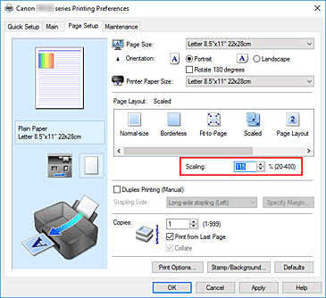 slika: možnost Scaling na kartici Page Setup