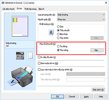 hình: Chọn Thủ công cho Màu/Cường độ trên tab Chính