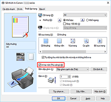 hình: Hộp kiểm In hai mặt (Thủ công) trên tab Thiết lập trang