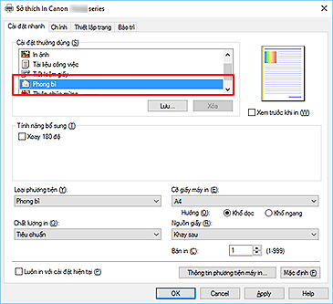 hình: Chọn Phong bì từ Cài đặt thường dùng trên tab Cài đặt nhanh