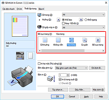 hình: Chọn Vừa trang cho Bố cục trang trên tab Thiết lập trang