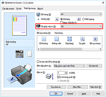 hình: Cỡ giấy máy in trên tab Thiết lập trang