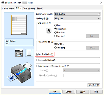 hình: Hộp kiểm In cấp độ xám trên tab Chính