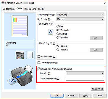 hình:Đánh dấu kiểm trên Lưu vào máy in làm mẫu tùy chỉnh trong trang Chính