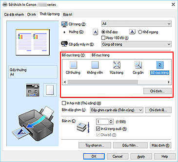 hình: Chọn Bố cục trang cho Bố cục trang trên tab Thiết lập trang